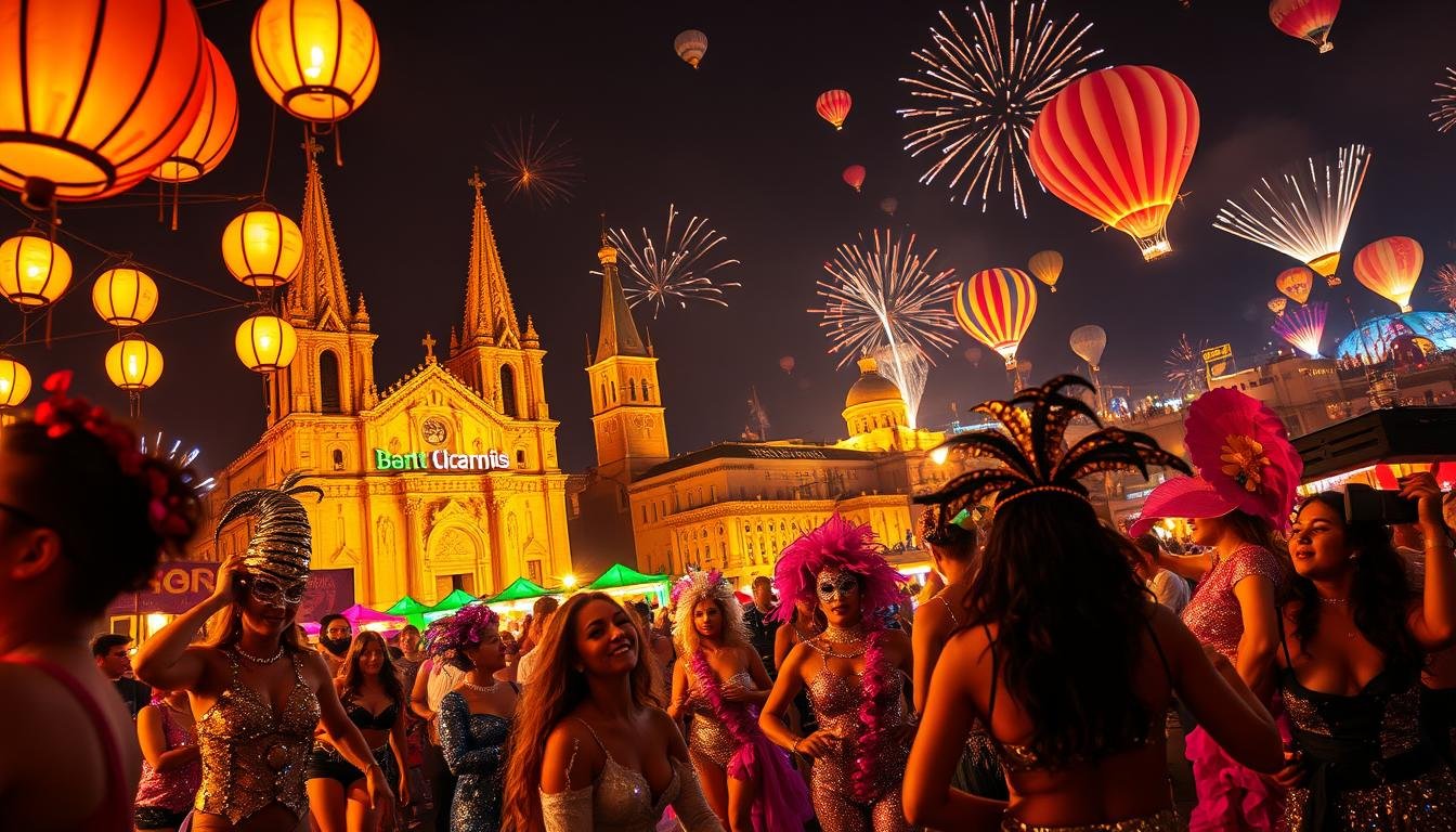 Carnival Nightlife: A vibrant, neon-lit cityscape comes alive with the energy of a raucous carnival celebration. In the foreground, costumed revelers dance and sway to the pulsing beat of live music, their elaborate masks and sequined outfits shimmering under the warm glow of lanterns and string lights. In the middle ground, iconic landmarks like towering cathedrals and historic monuments stand as silent witnesses to the festivities, their facades illuminated by the vibrant colors of the carnival. The background is a riot of motion and color, with hot air balloons and fireworks bursting across the inky night sky, creating an atmosphere of unbridled joy and celebration. The overall mood is one of unbridled energy, revelry, and the sense of being immersed in a truly unforgettable carnival experience.