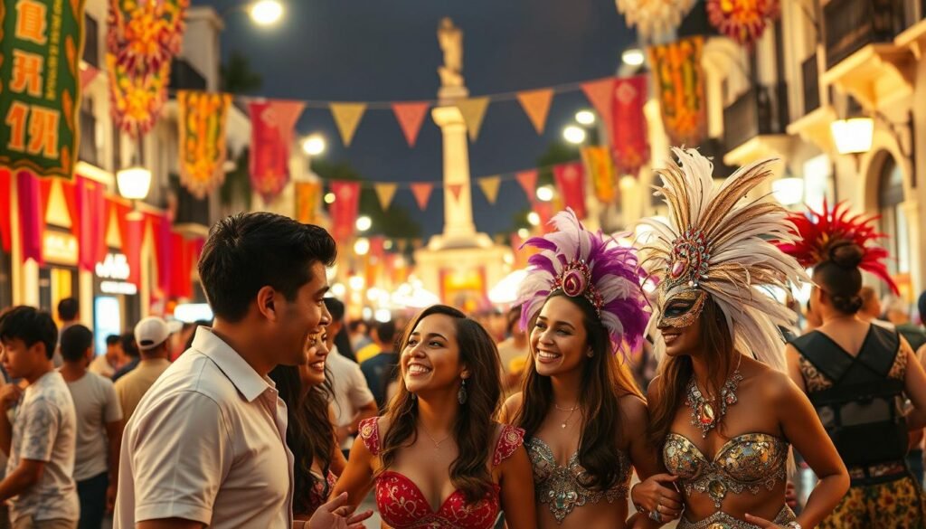 Carnival planning: A bustling crowd navigates vibrant streets adorned with colorful banners and elaborate costumes. In the foreground, a group of friends excitedly discuss their outfits, their laughter and enthusiasm palpable. The middle ground features a towering monument, its grandeur framed by a kaleidoscope of dancers and musicians. Warm, golden lighting casts a festive glow, complementing the rich, saturated hues of the costumes. Intricate masks, feathered headdresses, and glittering accessories create a mesmerizing visual tapestry. The background reveals a maze of narrow alleyways, hinting at the labyrinth of cultural traditions and local habits that make this carnival a truly immersive experience.