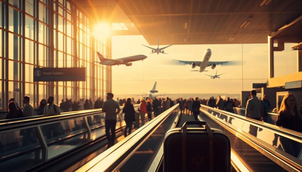 Cheap flights soaring above a bustling airport terminal, backlit by warm golden light filtering through floor-to-ceiling windows. In the foreground, a traveler's luggage sits atop a moving walkway, conveying a sense of motion and anticipation. In the middle ground, a diverse crowd of passengers navigates the concourse, their expressions reflecting a mix of excitement and impatience. The background features the iconic silhouettes of commercial airliners, their sleek forms cutting through the sky, hinting at the destinations beyond. The overall atmosphere evokes the thrill and efficiency of budget-friendly travel, with a touch of vibrant energy and adventure.