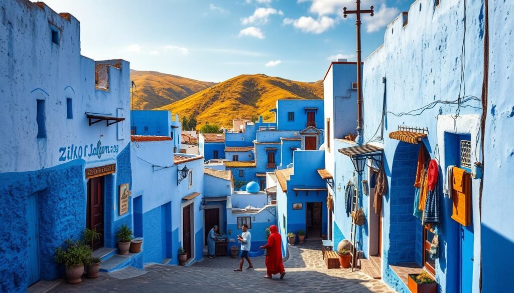 Chefchaouen, the alluring "Blue Pearl" of Morocco, nestled in the Rif Mountains. Capture the essence of this picturesque town, where vibrant azure hues adorn the buildings, cascading down narrow alleyways and inviting doorways. Showcase the iconic Kasbah, its striking blue walls and intricate architectural details, set against a backdrop of lush, verdant hills. Immerse the viewer in the vibrant local culture, with artisans in traditional Moroccan attire crafting their wares and locals engaged in their daily routines. Bathe the scene in warm, golden natural lighting, evoking a sense of timeless tranquility. Employ a wide-angle lens to encompass the town's captivating layout, leading the eye through the enchanting streets and inviting the viewer to explore this magical destination.