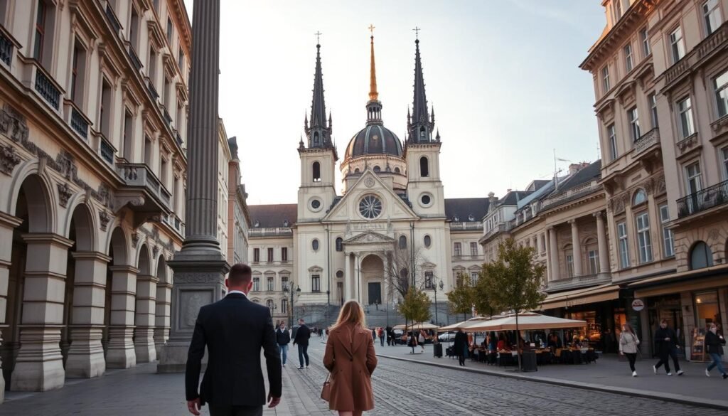 Explore the historic heart of Vienna, where elegant Habsburg architecture meets bustling local life. In the foreground, a well-dressed couple strolls along the Graben, admiring the iconic Plague Column. In the middle ground, towering spires of St. Stephen's Cathedral pierce the sky, its Gothic façade bathed in warm, golden light. Surrounding the cathedral, cobblestone streets are lined with charming cafes and boutiques, people-watching and enjoying Viennese coffee and pastries. In the background, the Ringstrasse boulevard frames the scene, its grand neo-Renaissance buildings reflecting the city's imperial heritage. Imbue the image with a sense of timeless sophistication and a touch of old-world romance.