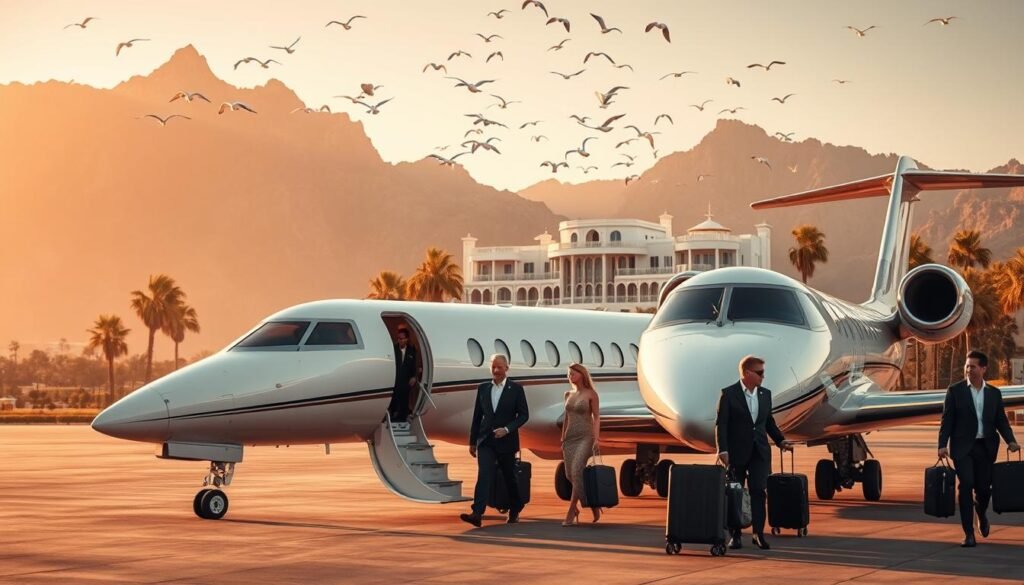 Opulent private jet on the tarmac, sleek and gleaming in the warm afternoon light. Wealthy passengers disembarking, dressed in elegant evening wear, clutching designer luggage. In the background, a five-star resort nestled between towering mountains, its white marble facade glowing. Palm trees sway gently, framing the scene. Overhead, a flock of birds takes flight, reflecting the tranquil mood. Sumptuous fabrics, polished metal, and muted earth tones create an atmosphere of refined luxury. The composition emphasizes the intersection of lavish travel and natural beauty, capturing the allure of exclusive destinations.
