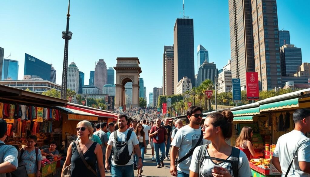 Outdoor adventure in a vibrant city landscape. A group of budget-conscious travelers exploring iconic landmarks, immersed in lively street scenes. In the foreground, people strolling through a bustling market, browsing colorful local wares and sampling street food. In the middle ground, a historic monument stands tall, its ornate architecture framed by a clear blue sky. In the background, skyscrapers and modern buildings create a dynamic skyline. Warm natural lighting illuminates the energetic atmosphere, capturing the spirit of budget-friendly exploration and discovery.