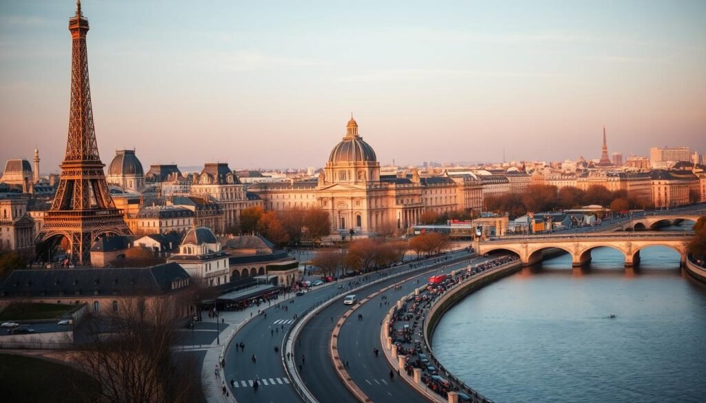 Paris City of Light, a captivating metropolis that dazzles the senses. A cityscape of iconic landmarks, from the majestic Eiffel Tower standing tall in the foreground to the grand Louvre Palace in the middle ground, its intricate architecture gleaming under the warm, golden hues of the afternoon sun. In the background, the winding Seine River reflects the vibrant energy of the city, as people stroll along the riverbanks, immersed in the Parisian lifestyle of elegant fashion, lively cafes, and timeless charm. The scene is imbued with a sense of wonder and timelessness, inviting the viewer to imagine themselves as a first-time traveler, discovering the beauty and allure of this beloved European destination.