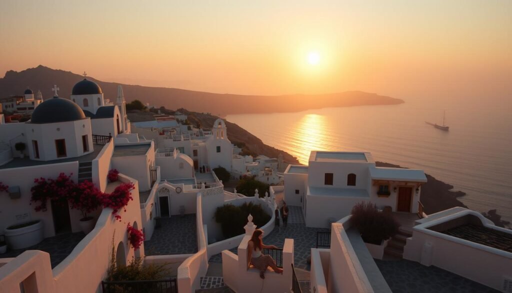 Santorini sunset over the iconic white-washed buildings, with a warm, golden glow illuminating the cliffside terraces and domed churches. In the foreground, a couple sitting on the edge of a balcony, lost in the romantic atmosphere, watching the sun dip below the shimmering Aegean Sea. The middle ground features winding cobblestone streets, bougainvillea-draped walls, and local residents strolling leisurely. In the background, the rugged volcanic landscape rises up, creating a dramatic, cinematic backdrop. Capture the essence of a Mediterranean paradise with a soft, hazy light, a subtle color palette, and a sense of timeless tranquility.