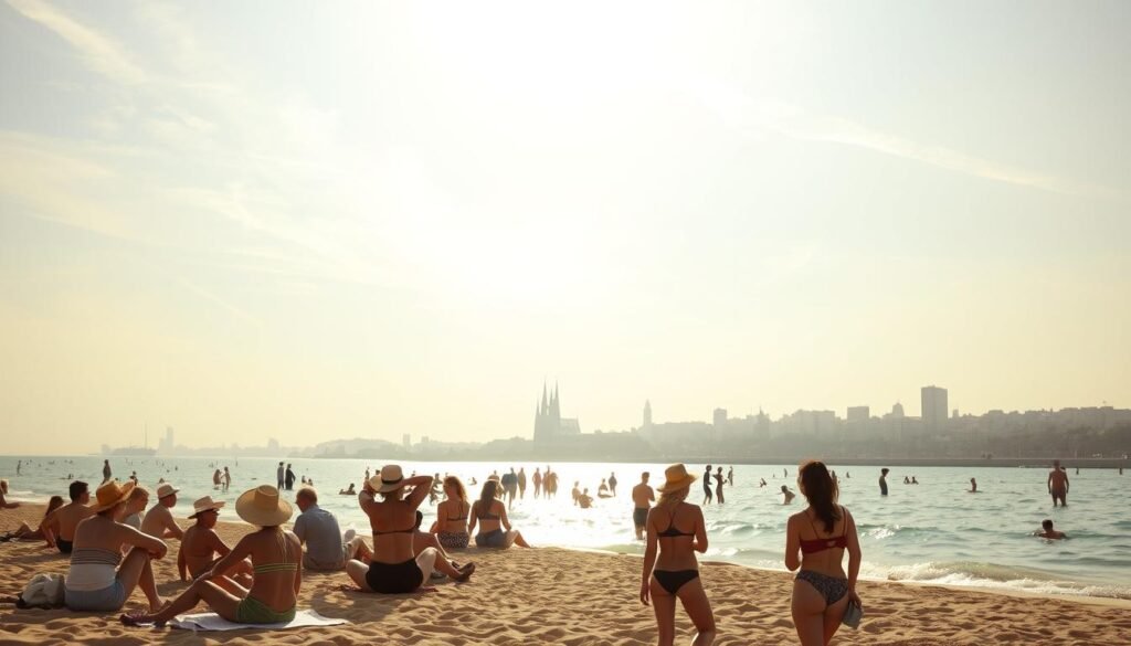 Serene Barcelona beaches, sun-drenched and inviting, with crystalline waters lapping at golden sands. In the foreground, leisurely beachgoers in chic summer attire - swimsuits, sun hats, and sandals - basking in the warmth, as they soak up the vibrant Mediterranean atmosphere. The middle ground reveals the iconic landmarks of the city, such as the towering spires of the Sagrada Familia, framed by the sparkling horizon. In the background, a soft, hazy sky with wispy clouds, bathed in the golden glow of the setting sun, creating a sense of tranquility and timelessness. The overall scene evokes a perfect balance of relaxation, culture, and the natural beauty that define the essence of Barcelona's beaches.