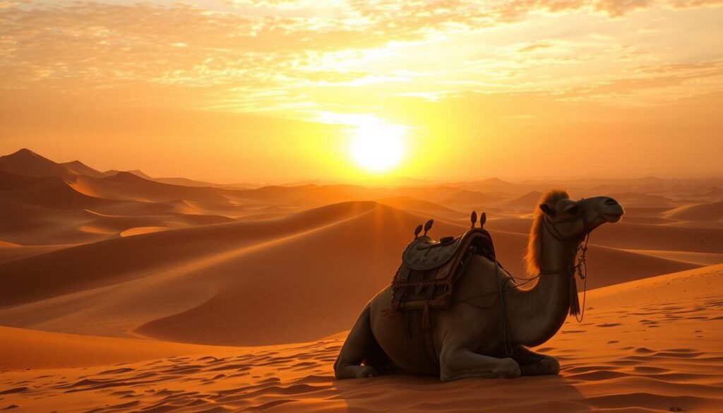 Sunrise over Sahara dunes, with warm, golden light casting long shadows across the undulating landscape. Towering, sculpted sand dunes stretch out to the horizon, their gentle slopes and sharp ridges casting mesmerizing patterns. In the foreground, a lone Berber camel rests, its weathered saddle and tasseled trappings reflecting the rich cultural heritage of the region. The sky above is a brilliant tapestry of orange and pink hues, the sun's rays refracting through the thin, arid air. A sense of tranquility and timelessness pervades the scene, evoking the mystique and adventure of Morocco's vast desert wilderness.
