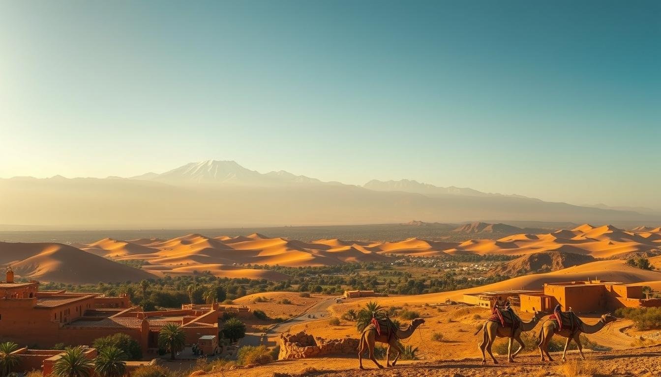 Sweeping vistas of Morocco's diverse landscapes unfold - majestic snow-capped Atlas Mountains give way to sweeping golden dunes, interspersed with lush oases and ancient ochre-hued kasbahs. Warm sunlight bathes the scene, casting a soft glow over the terracotta-tiled rooftops and traditional Berber garments. In the foreground, a solitary camel caravan meanders through the undulating terrain, evoking the rich cultural heritage of this captivating North African kingdom. Captured through a wide-angle lens, this cinematic panorama conveys the awe-inspiring grandeur and timeless allure of Morocco's breathtaking natural wonders.