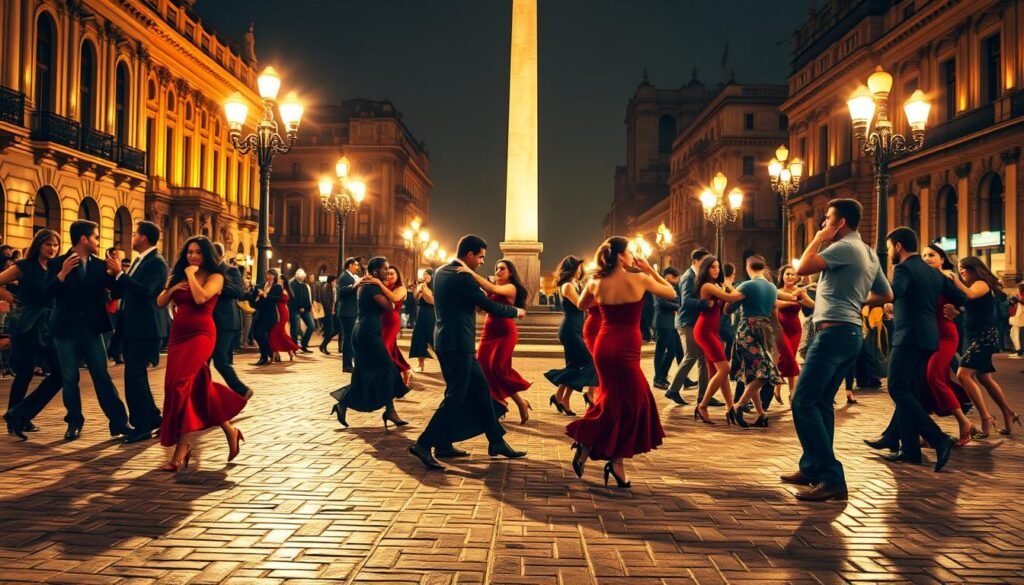 Tango dancers swirl passionately on the cobblestone streets of Buenos Aires, illuminated by the warm glow of street lamps. Couples embrace, their movements fluid and graceful, as they navigate the rhythmic steps of the iconic dance. In the background, the grand architecture of historic buildings and the iconic obelisk stand as silent witnesses to the passionate display. The scene is awash in rich, vibrant colors - the deep reds and sensual blacks of the dancers' attire, the golden hues of the streetlights, and the earthy tones of the weathered stone. The atmosphere is electric, capturing the essence of Buenos Aires' reputation as a city of romance and unbridled emotion.