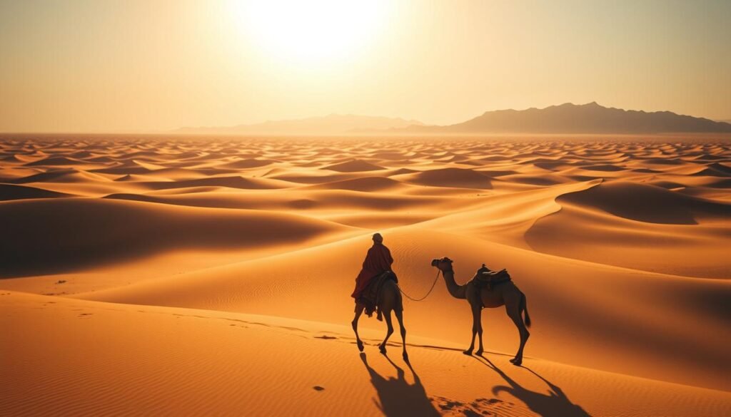 Vast, undulating dunes of golden sand stretching endlessly under a brilliant desert sky. In the foreground, a lone traveler on a camel silhouetted against the horizon, their traditional Moroccan robes billowing in the warm breeze. The middle ground reveals the iconic Erg Chebbi dunes, their sinuous curves sculpted by the relentless winds. In the distance, the rugged peaks of the Atlas Mountains rise, casting long shadows across the landscape. Warm, golden light filters through the atmosphere, imbuing the scene with a sense of timeless tranquility. The overall mood is one of serene isolation, inviting the viewer to experience the majesty and mystery of the Moroccan Sahara.