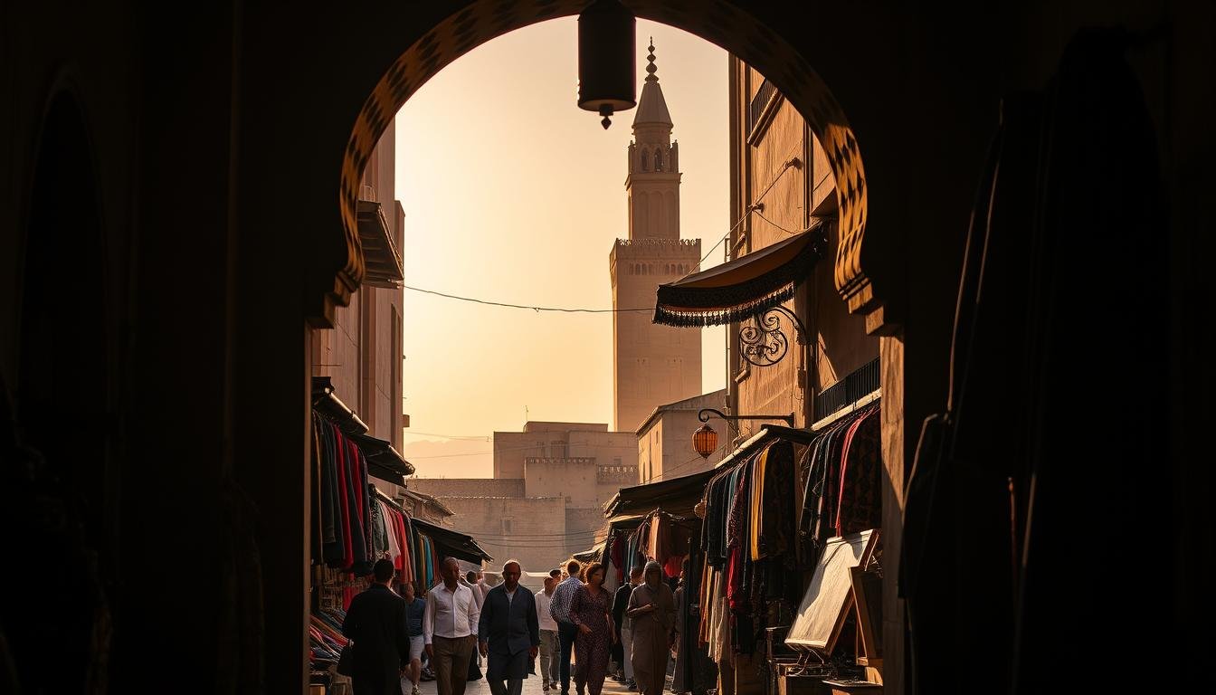 Vibrant Moroccan travel tips: A bustling medina with intricately carved archways frames the foreground, the scent of spices and the chatter of vendors filling the air. In the middle ground, a figure adorned in traditional djellaba robe strolls past colorful textiles and hanging lanterns. The background features the iconic silhouette of a towering minaret against a warm, golden-hued sky, hinting at the country's rich cultural heritage. Dramatic lighting casts dramatic shadows, conveying the lively, energetic atmosphere of this North African destination. Lens: 50mm. Mood: Immersive, authentic.