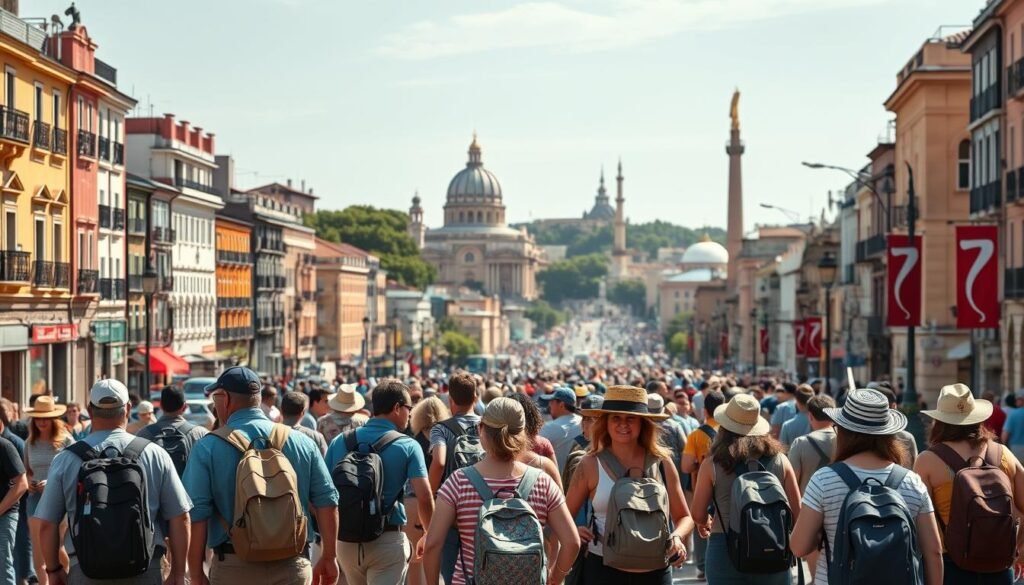 Vibrant cityscape with bustling streets, a diverse array of travelers navigating the urban landscape. In the foreground, a group of tourists dressed in practical, comfortable attire - backpacks, comfortable shoes, hats to shield from the sun. In the middle ground, iconic landmarks and monuments, providing a sense of place and cultural richness. The background features a bright, warm color palette, with a soft, diffused lighting that creates a welcoming, safe atmosphere. Subtle visual cues, such as people looking at maps or following tour guides, convey the importance of being aware of one's surroundings and following local customs when exploring a new city.