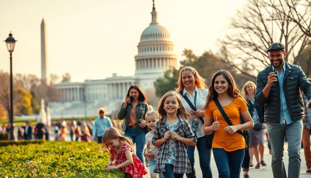 Vibrant family strolling through the bustling streets of Washington, D.C., marveling at the iconic monuments and historic landmarks. In the foreground, a group of children excitedly explore the lush gardens, their laughter echoing through the air. In the middle ground, parents capture memories with their cameras, dressed in a mix of casual and formal attire. The background features the towering spires of the United States Capitol, bathed in warm, golden light, creating a sense of timeless grandeur. The overall scene exudes a harmonious blend of educational, cultural, and recreational experiences, perfectly capturing the essence of a family-friendly adventure in the nation's capital.