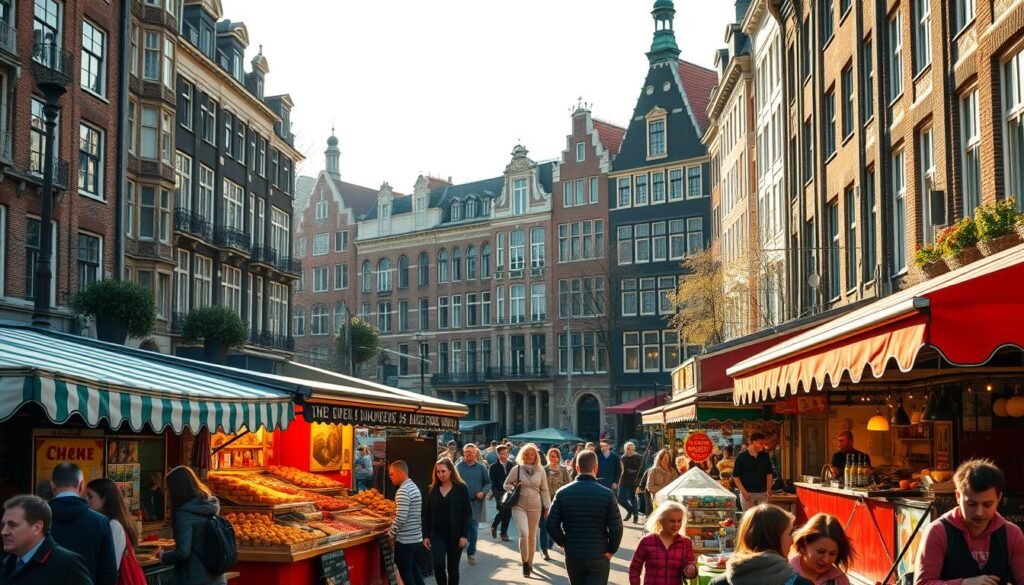 a colorful street scene in Amsterdam, with vibrant food stalls and bustling crowds in the foreground. The stalls are filled with traditional Dutch treats and local delicacies, like stroopwafels, poffertjes, and fresh-pressed juices. In the middle ground, historic canal-side buildings and iconic Amsterdam architecture provide a picturesque backdrop. The scene is bathed in warm, golden sunlight, creating a lively, atmospheric mood. The overall composition captures the energy and charm of exploring Amsterdam's local food culture on foot.