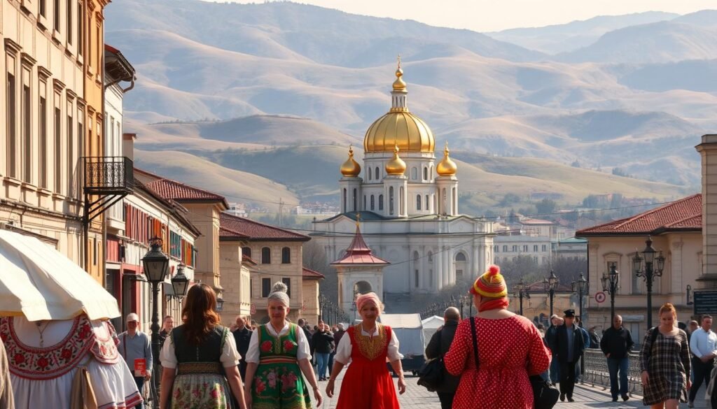 a detailed, realistic image of the city of Sofia, Bulgaria, with its historic architecture, bustling streets, and vibrant local culture. The foreground should feature people in traditional Bulgarian clothing, such as embroidered dresses and colorful knitted hats, casually strolling or conversing. The middle ground should showcase the iconic Alexander Nevsky Cathedral, its golden domes shimmering in the warm, diffused sunlight. In the background, undulating hills and mountains should provide a scenic, pastoral backdrop, conveying a sense of tranquility and affordability. The overall mood should be one of an authentic, budget-friendly European destination, inviting the viewer to explore its hidden gems.