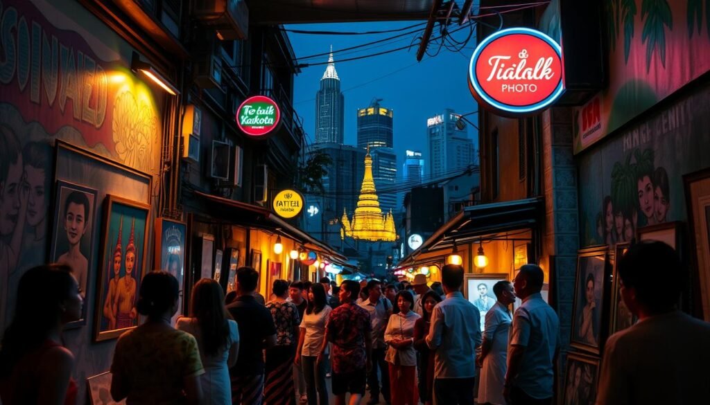 a dimly lit alleyway in Bangkok's vibrant art district, with colorful murals adorning the walls, illuminated by warm overhead lighting and the glow of neon signs. In the foreground, a group of local artists and gallery owners engage in lively conversation, dressed in traditional Thai clothing. In the middle ground, a crowd of curious onlookers admire the artworks displayed in the open-air galleries and studios. In the background, iconic Thai landmarks and high-rise buildings create a striking contrast against the artistic atmosphere. The scene conveys a sense of creativity, community, and the unique cultural heritage of Bangkok's thriving local art scene.