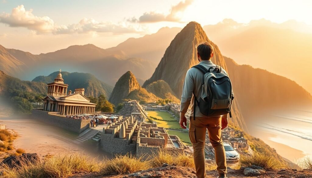 a peaceful, scenic landscape showcasing various solo travel destinations, with a focus on iconic landmarks, outdoor activities, and cultural experiences. In the foreground, a lone traveler stands admiring a majestic mountain range, dressed in comfortable, adventure-ready attire. The middle ground features ancient ruins, a bustling marketplace, and a serene beach, each offering a unique glimpse into the diverse destinations awaiting the solo explorer. The background is bathed in warm, golden light, creating a sense of tranquility and wonder. The image conveys the excitement and freedom of embracing the solo travel lifestyle, inviting the viewer to embark on their own captivating journey.